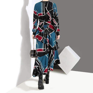 Planet Gates 2018 Korean Style Women Autumn Long Dress Multicolor Geometrical Pattern Printed Ankle Length Girls Stylish Party Dresses 3906