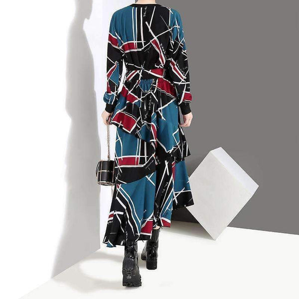 Planet Gates 2018 Korean Style Women Autumn Long Dress Multicolor Geometrical Pattern Printed Ankle Length Girls Stylish Party Dresses 3906