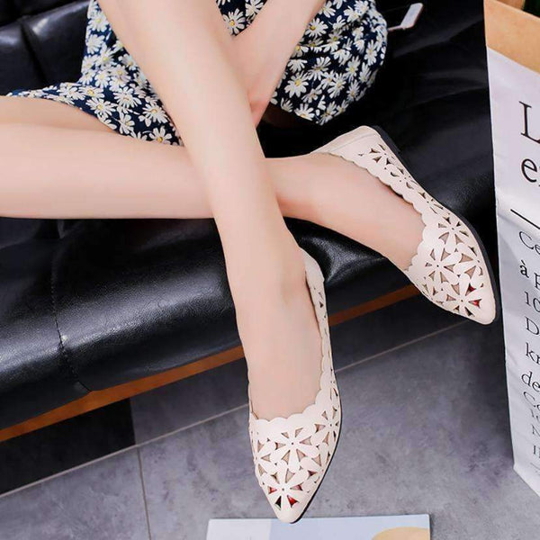 Planet Gates 2018 New Arrival Women Flats Shoes Shallow Flat Heel Hollow Out Flower Shape Nude Shoes Pointed-toe Shoes zapatos mujer