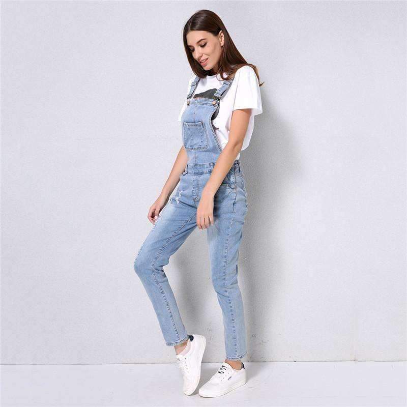 Planet Gates 2018 New Arrival Women Ripped Denim Jumpsuits High Quality Braces cowboy Light Blue Basic Overall For 4 Season