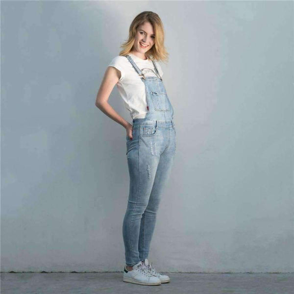 Planet Gates 2018 New Arrival Women Ripped Denim Jumpsuits High Quality Braces cowboy Light Blue Basic Overall For 4 Season