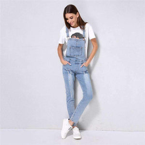 2018 New Arrival Women Ripped Denim Jumpsuits High Quality Braces Cowboy Light Blue Basic Overall For 4 Season