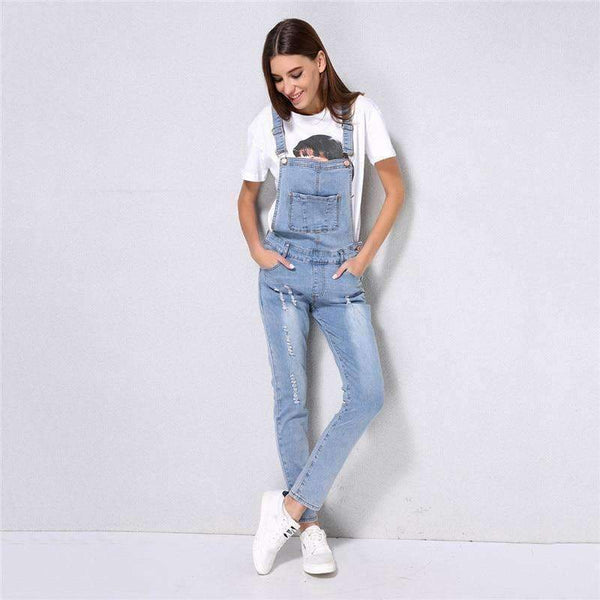 2018 New Arrival Women Ripped Denim Jumpsuits High Quality Braces Cowboy Light Blue Basic Overall For 4 Season