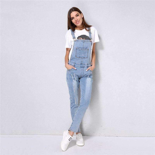 Planet Gates 2018 New Arrival Women Ripped Denim Jumpsuits High Quality Braces cowboy Light Blue Basic Overall For 4 Season
