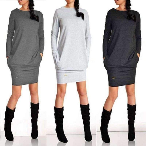 Planet Gates 2018 New Hot Long Sleeve Slim Bottoming Warm Dress Solid Color Round Neck Step Dress Solid Color Bag Hip Step Dress