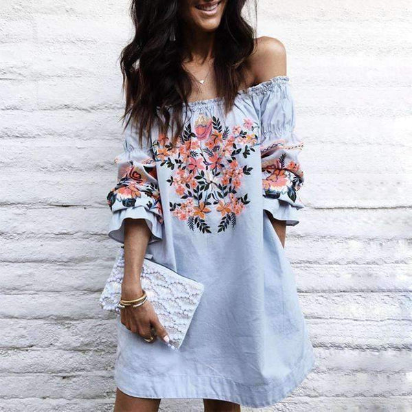 Planet Gates 2018 Off Shoulder Fashion Cotton Flower Printing Casual Woman Dress Loose Dresses Short