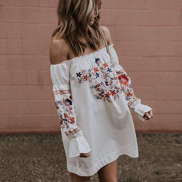 Planet Gates 2018 Off Shoulder Fashion Cotton Flower Printing Casual Woman Dress Loose Dresses Short