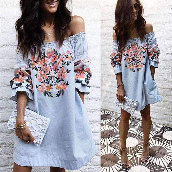 Planet Gates 2018 Off Shoulder Fashion Cotton Flower Printing Casual Woman Dress Loose Dresses Short