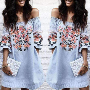 Planet Gates 2018 Off Shoulder Fashion Cotton Flower Printing Casual Woman Dress Loose Dresses Short