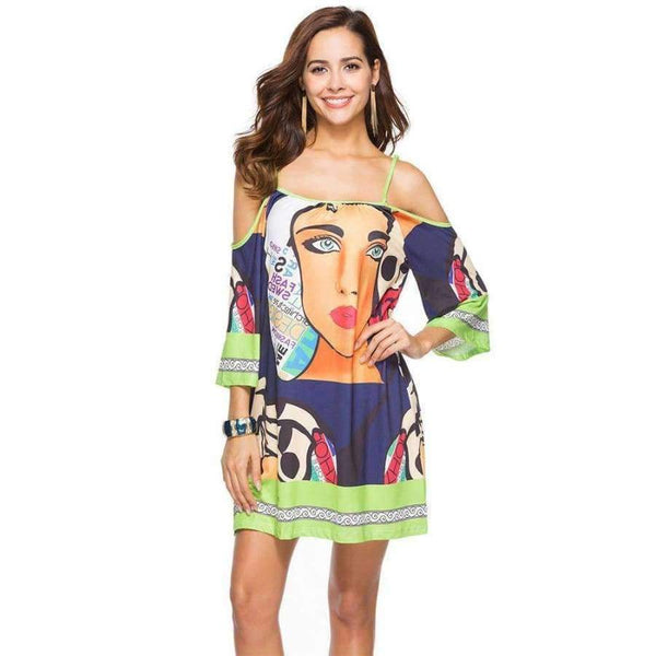 Planet Gates 2018 Summer Women Dress Vestidos European Style Sleeveless Spaghetti Strap Slash Neck Print Casual Beach Dress Harajuku