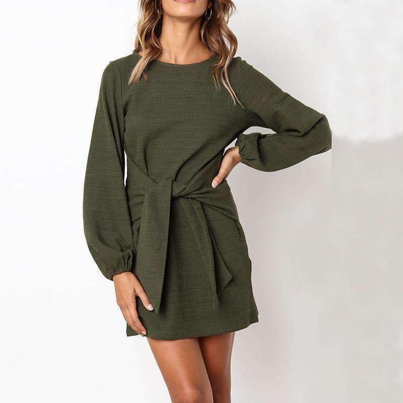 Planet Gates 2018 Women Dress Female Crew Neck LongSleeve Self Tie Knot Casual Mini T Shirt Womens Bodycon Dresses