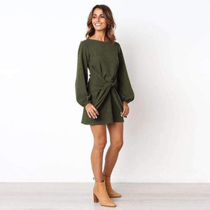 Planet Gates 2018 Women Dress Female Crew Neck LongSleeve Self Tie Knot Casual Mini T Shirt Womens Bodycon Dresses