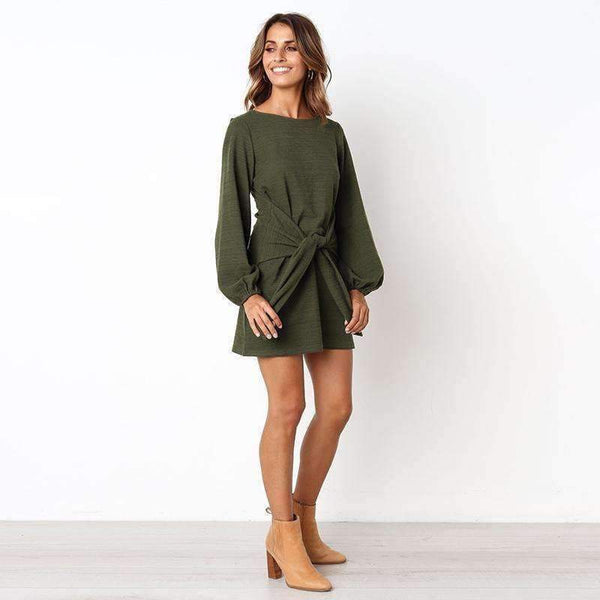 Planet Gates 2018 Women Dress Female Crew Neck LongSleeve Self Tie Knot Casual Mini T Shirt Womens Bodycon Dresses