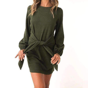 Planet Gates 2018 Women Dress Female Crew Neck LongSleeve Self Tie Knot Casual Mini T Shirt Womens Bodycon Dresses