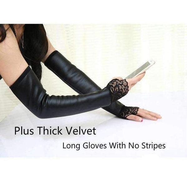 Planet Gates 2018 Women Gloves Sexy Lace Female Leather Fingerless Long Lace Gloves Sleeves Plus Thick Velvet Black Women Gloves AGB171