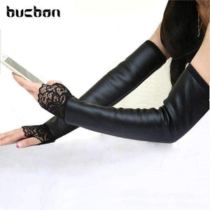 Planet Gates 2018 Women Gloves Sexy Lace Female Leather Fingerless Long Lace Gloves Sleeves Plus Thick Velvet Black Women Gloves AGB171