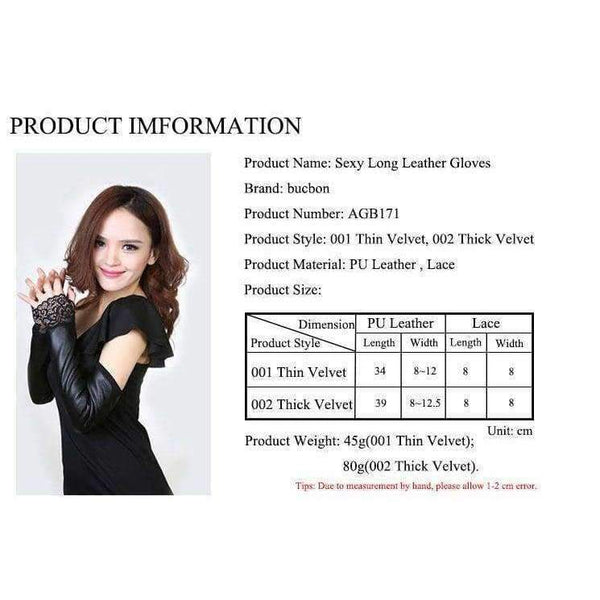 Planet Gates 2018 Women Gloves Sexy Lace Female Leather Fingerless Long Lace Gloves Sleeves Plus Thick Velvet Black Women Gloves AGB171