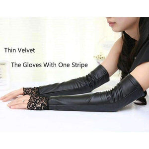 Planet Gates 2018 Women Gloves Sexy Lace Female Leather Fingerless Long Lace Gloves Sleeves Plus Thick Velvet Black Women Gloves AGB171