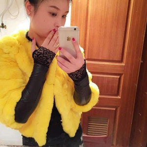 Planet Gates 2018 Women Gloves Sexy Lace Female Leather Fingerless Long Lace Gloves Sleeves Plus Thick Velvet Black Women Gloves AGB171