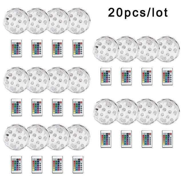 Planet Gates 20pcs Underwater LED Light Submersible IP68 Waterproof Battery Operated Remote Control Multi Color 10 LED RGB Swimming Pool Night Lamp