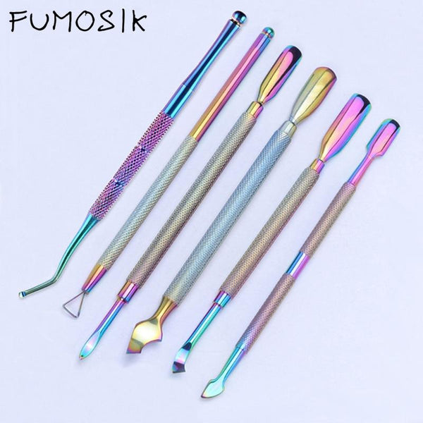 Planet Gates 21 Style Rainbow Stainless Steel Nail Cuticle Pusher Tweezer Nail Art Files UV Gel Polish Remove Manicure Care Groove Clean Tool