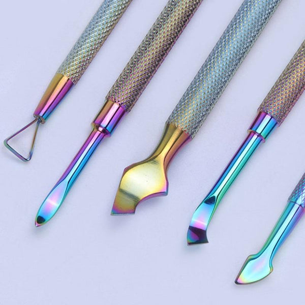 Planet Gates 21 Style Rainbow Stainless Steel Nail Cuticle Pusher Tweezer Nail Art Files UV Gel Polish Remove Manicure Care Groove Clean Tool