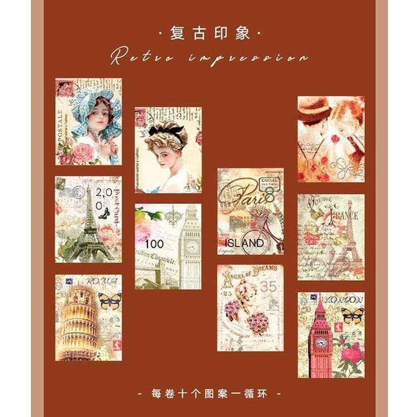 Planet Gates 211108 7 Retro Stamp Philately Series  Washi Tape Plant Mushroom Decorative Adhesive Tape DIY Scrapbooking Sticker Label