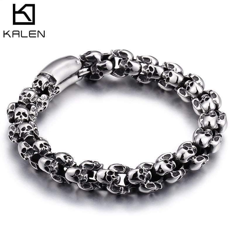 Planet Gates 22.5cm Long Skull Bracelets For Men Stainless Steel Shiny Skull Charm Link Chain Brecelets Male Gothic Jewelry