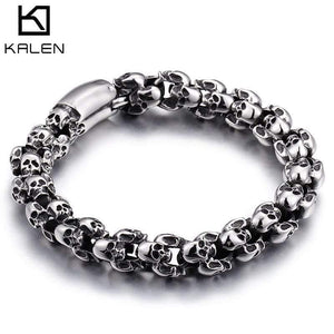 Planet Gates 22.5cm Long Skull Bracelets For Men Stainless Steel Shiny Skull Charm Link Chain Brecelets Male Gothic Jewelry