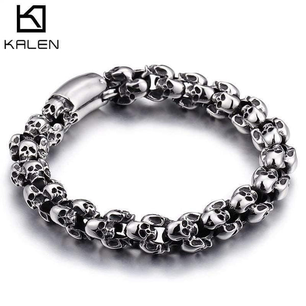 Planet Gates 22.5cm Long Skull Bracelets For Men Stainless Steel Shiny Skull Charm Link Chain Brecelets Male Gothic Jewelry
