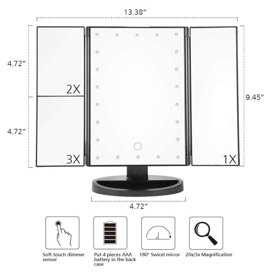 Planet Gates 22 LED Touch Screen Makeup Mirror 1X 2X 3X 10X  Magnifying Mirrors 4 in 1 Tri-Folded  Desktop Mirror Lights Health Beauty Tool