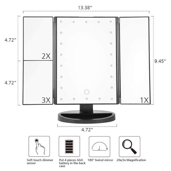 Planet Gates 22 LED Touch Screen Makeup Mirror 1X 2X 3X 10X  Magnifying Mirrors 4 in 1 Tri-Folded  Desktop Mirror Lights Health Beauty Tool