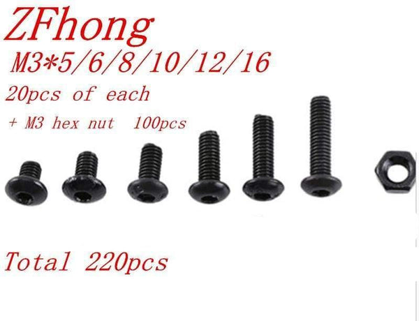 220pcs M3 (3mm) A2 black ISO7380 m3*5 to 16 Button Head Allen Bolts Hexagon Socket Screws With Nuts Assortment Kit