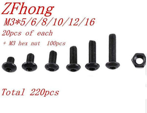 220pcs M3 (3mm) A2 black ISO7380 m3*5 to 16 Button Head Allen Bolts Hexagon Socket Screws With Nuts Assortment Kit