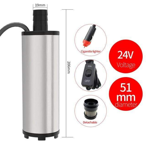 Planet Gates 24V 51mm Cigarette Stainless Steel 38/51mm Submersible Pump DC12/24V Water Oil Diesel Fuel Transfer Refueling Tool Kerosene 12L/Min 30L/Min