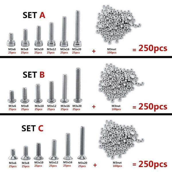 250pc/set A2 Stainless Steel M3 Cap/Button/Flat Head Screws Sets Hex Socket Bolt With Hex Nuts Assortment Kit Mayitr