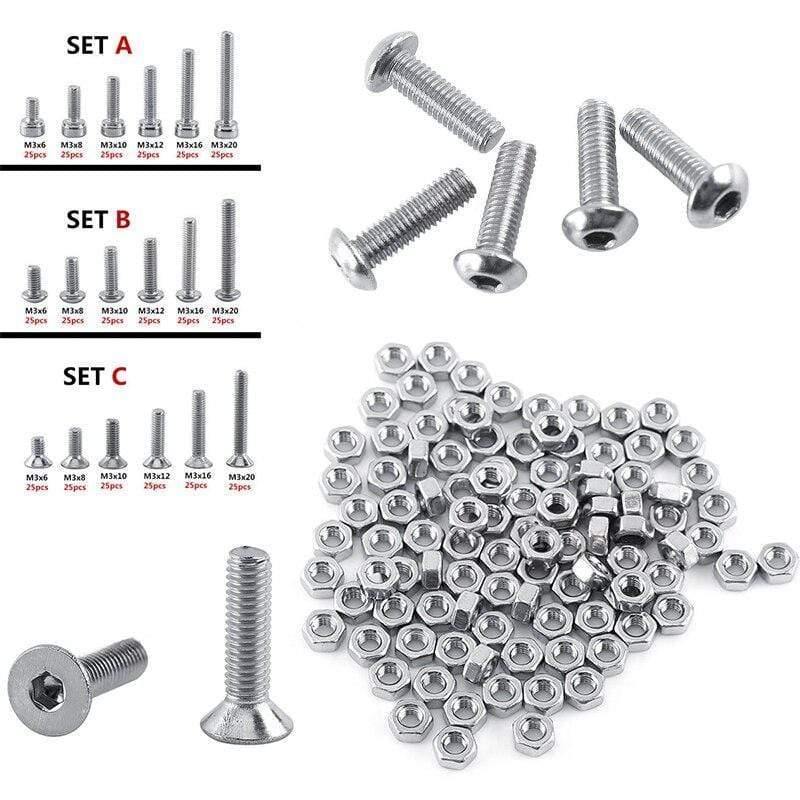250pc/set A2 Stainless Steel M3 Cap/Button/Flat Head Screws Sets Hex Socket Bolt With Hex Nuts Assortment Kit Mayitr