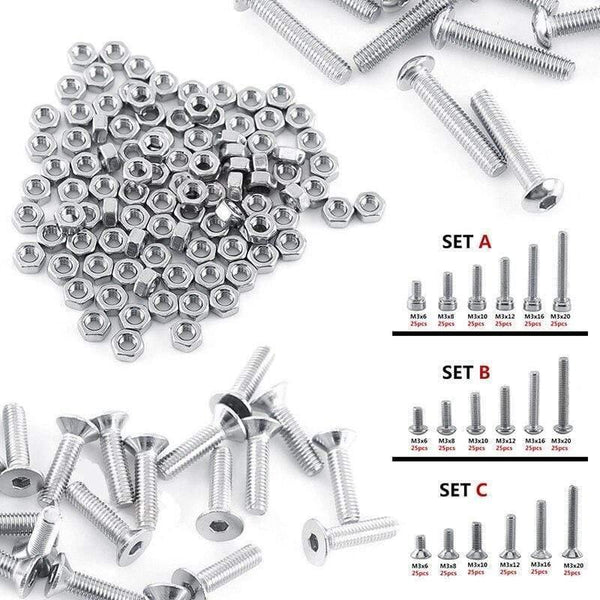 250pc/set A2 Stainless Steel M3 Cap/Button/Flat Head Screws Sets Hex Socket Bolt With Hex Nuts Assortment Kit Mayitr