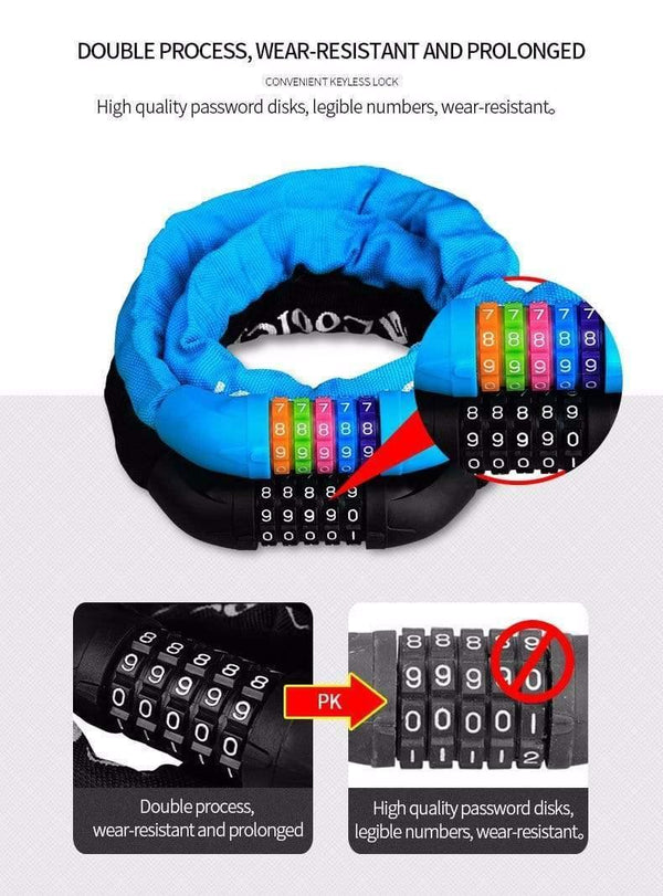 Planet Gates 2901303 Bicycle Cycling Password Lock 5 Number Safety Anti-theft Mountain Bike Coded Combination Steel Chain Cable Lock bike