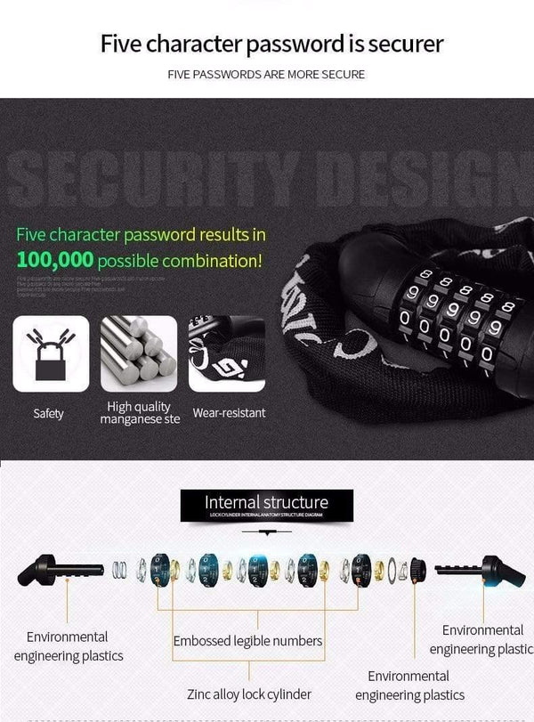 Planet Gates 2901303 Bicycle Cycling Password Lock 5 Number Safety Anti-theft Mountain Bike Coded Combination Steel Chain Cable Lock bike