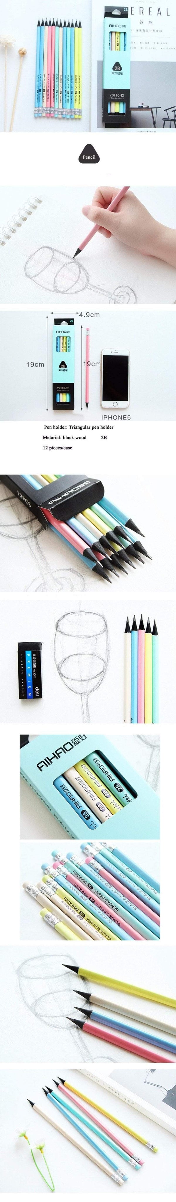 Planet Gates 2B 1 set HB/2B Standard Colors Pencils (with eraser), Triangular pen holder, Black wood, Writing or drawing