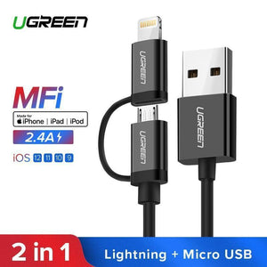 Planet Gates 2in 1 ABS Black / 50cm Ugreen USB Cable For iPhone XS X 8 7 6 Charging Charger 2 in 1 Micro USB Cable For Android USB Type c Type-c Mobile Phone Cables