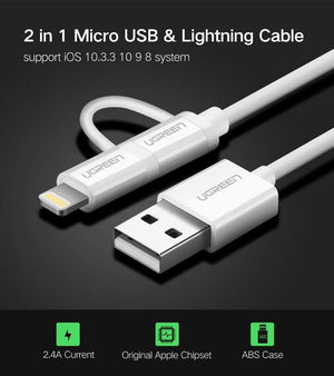 Planet Gates 2in 1 ABS Black / 50cm Ugreen USB Cable For iPhone XS X 8 7 6 Charging Charger 2 in 1 Micro USB Cable For Android USB Type c Type-c Mobile Phone Cables