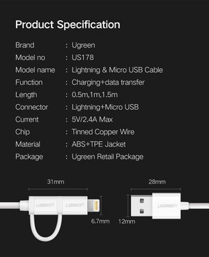 Planet Gates 2in 1 ABS Black / 50cm Ugreen USB Cable For iPhone XS X 8 7 6 Charging Charger 2 in 1 Micro USB Cable For Android USB Type c Type-c Mobile Phone Cables