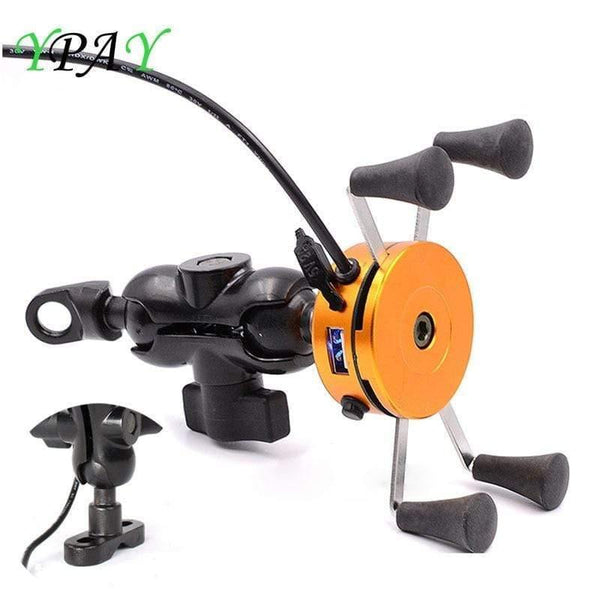 Planet Gates 2in1 USB Universal Chargeable Motorcycle Phone Holder 360 Motor bike handlebar Rotating Mount Mobile Rearview Mirro Phone Stand