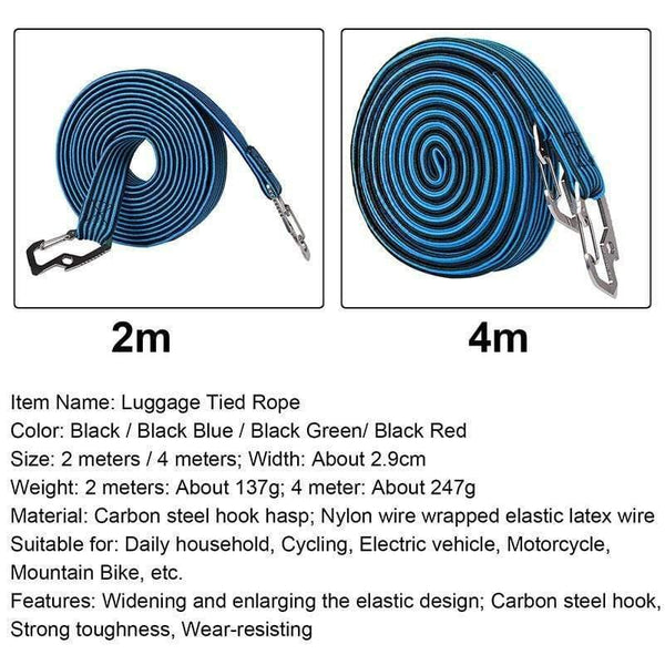 Planet Gates 2M Black 2M/4M Cycling Tension Rope Carbon Steel Hook Bike Luggage Carrier Stretch Elastic Cord Roof Rack Strap Fixed Belt