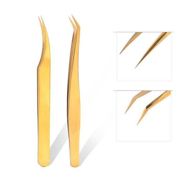 Planet Gates 2pcs Gold TOP Quality Stainless Steel Tweezers Rainbow Color Straight Bend ESD Multifunction Eyelash Tweezers For Nail Sewing DIY