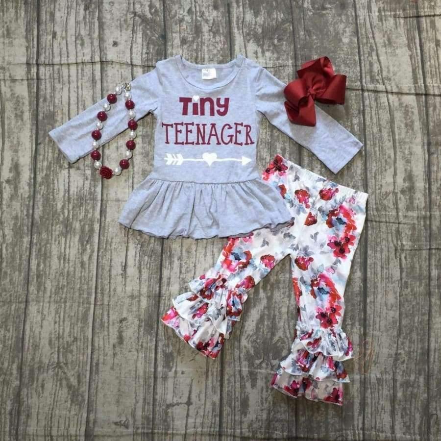 Girls Fall Clothes Girls Children Tiny Teenage Print Top With Wine Red Pants Outfits Kids Grey Top Arrow With Accessories