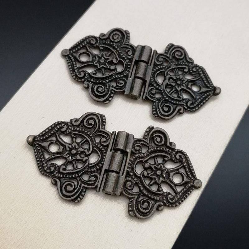 2x Antique Bronze Mini Lace Hinge Small Decorative Jewelry Wooden Box Cabinet Door Butt Hinges with Nails Furniture Accessories