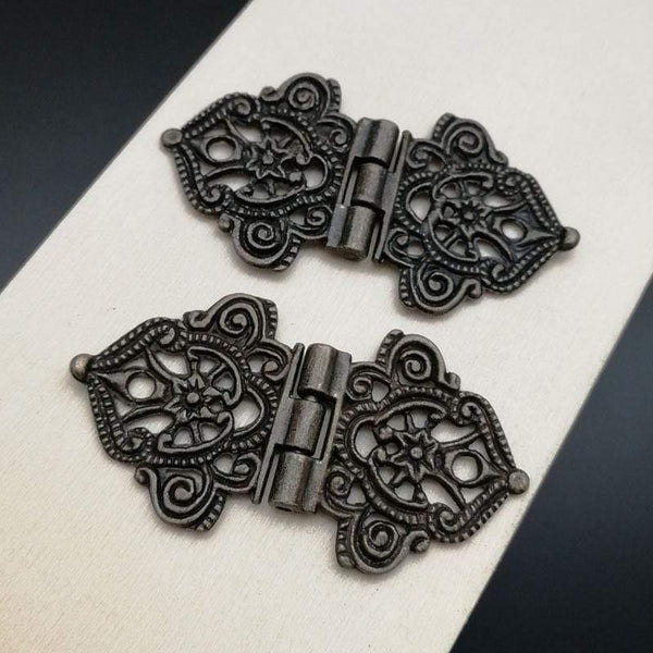2x Antique Bronze Mini Lace Hinge Small Decorative Jewelry Wooden Box Cabinet Door Butt Hinges with Nails Furniture Accessories